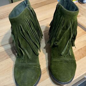 Breckelles Olive Fringe Suede Ankle Booties